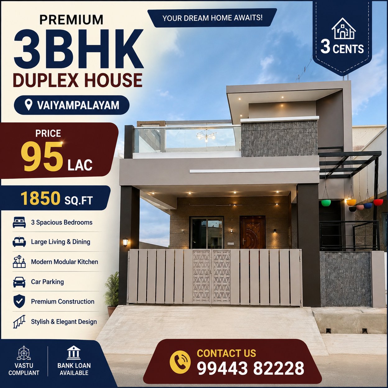 3 3BHK Furnished Duplex House /  Price: ₹95 Lakhs kovailpalayam